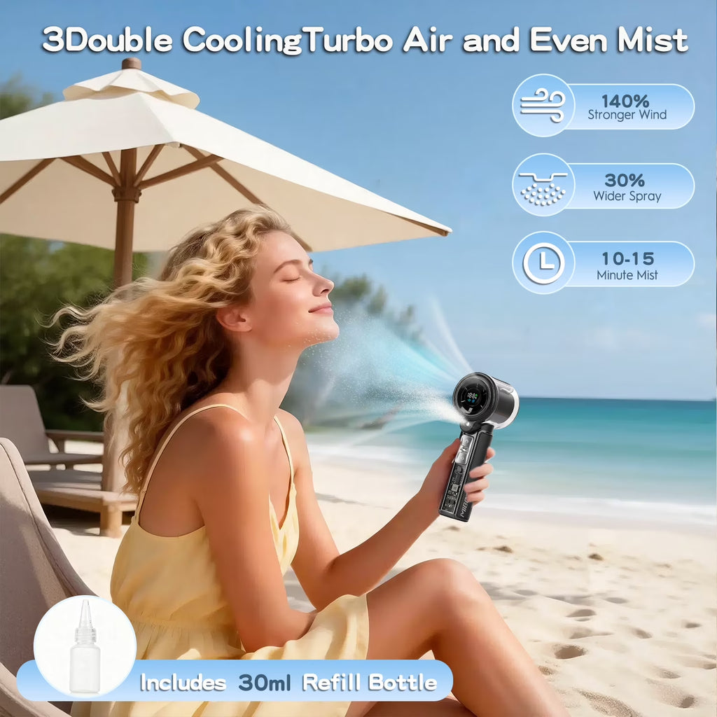 Handheld Misting Fan Black - 3-In-1 USB Rechargeable Cooling Fan